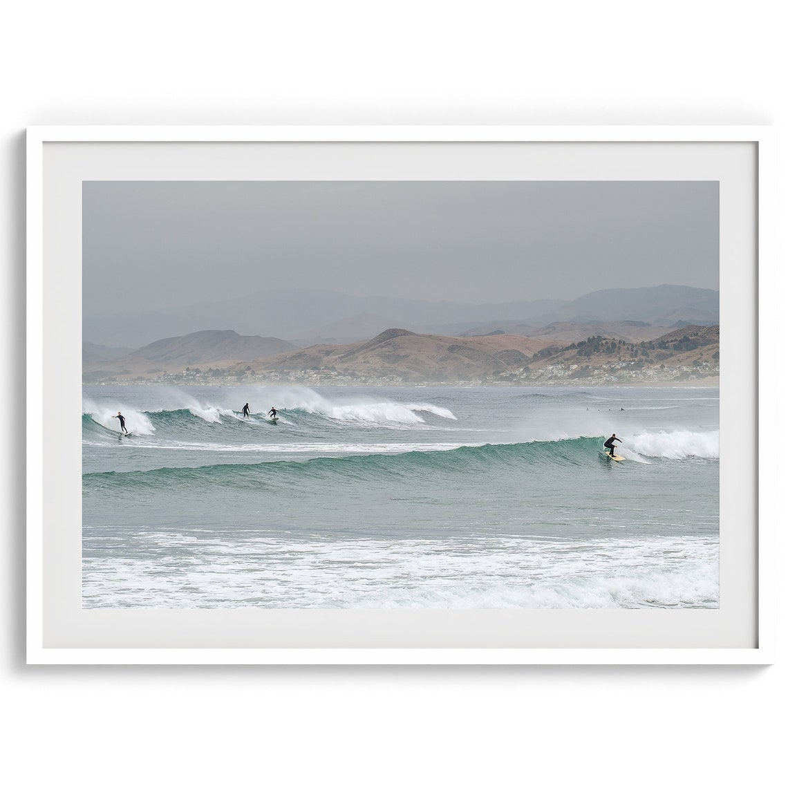 California Coast Surfers Riding Waves Ocean Hills Backdrop Poster