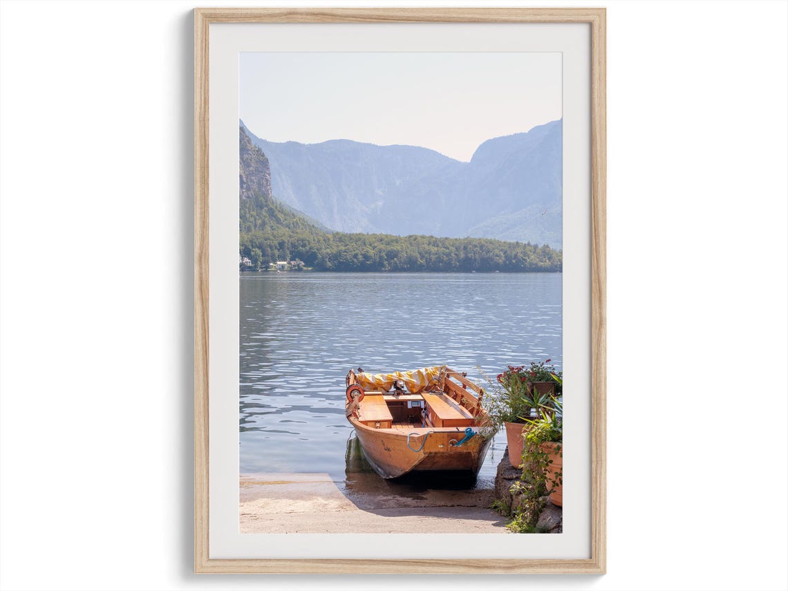 Hallstatt Austria Wooden Boat Mountain Lake Serene Alpine View Poster