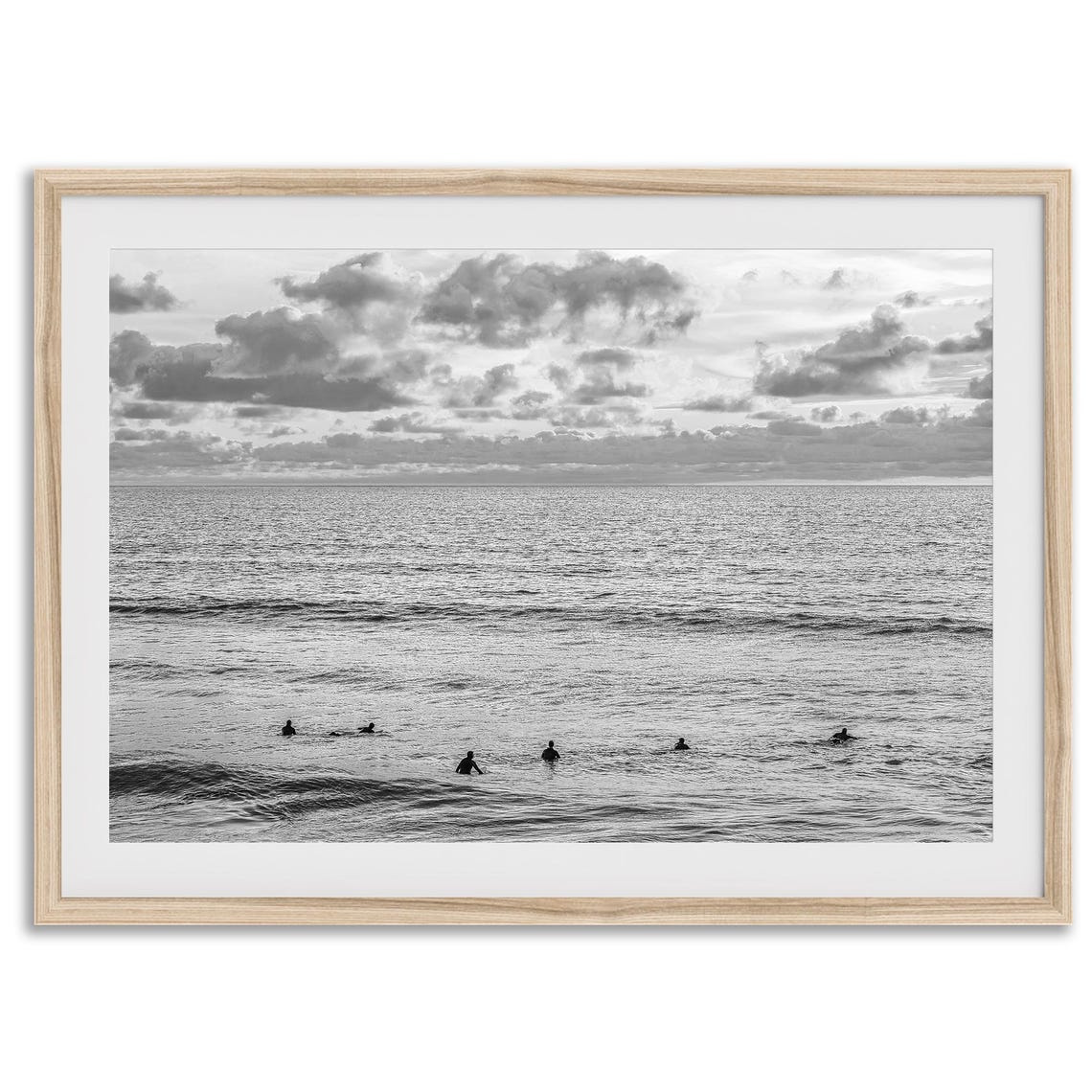 Black And White Surfers Waiting Waves Ocean Sunset Clouds Poster