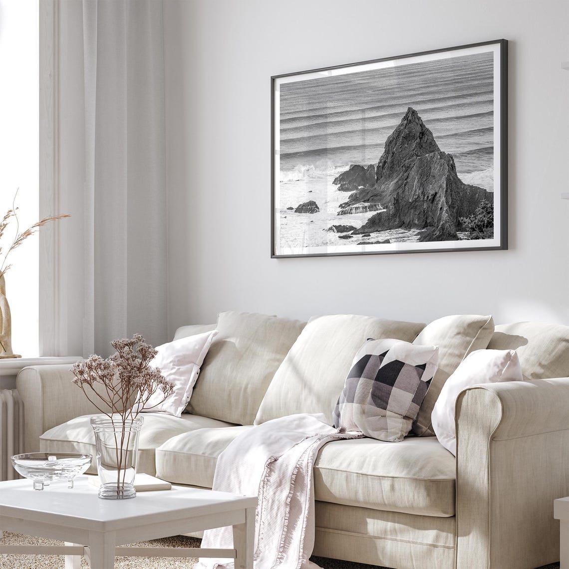 Rocky Sea Stack Rhythmic Ocean Waves Black And White Coastal Poster - Image 5