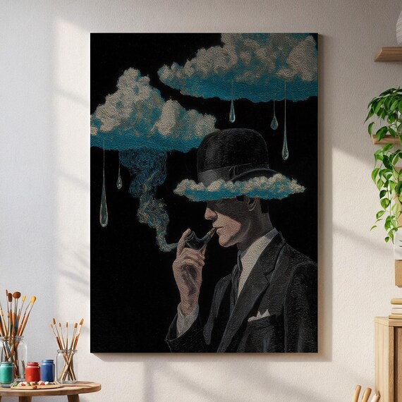 Surreal Gentleman Wall Art Cloud Pipe Smoker Poster With Raining Thoughts Dark Surrealism For Moody Conceptual Interiors