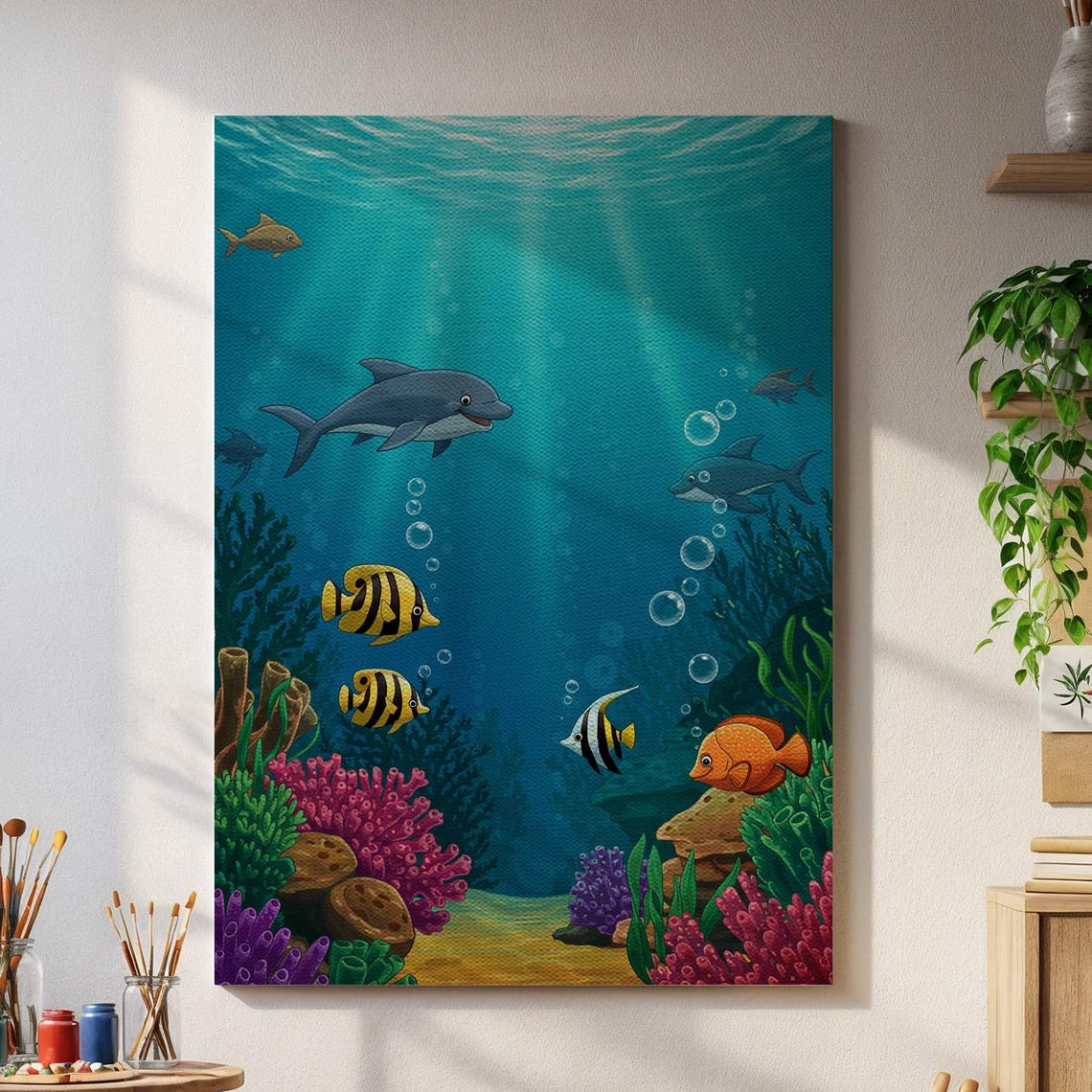 Cartoon Dolphins And Colorful Fish Underwater Reef Kids Wall Art