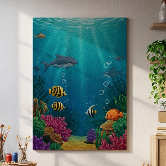 Cartoon Dolphins And Colorful Fish Underwater Reef Kids Wall Art