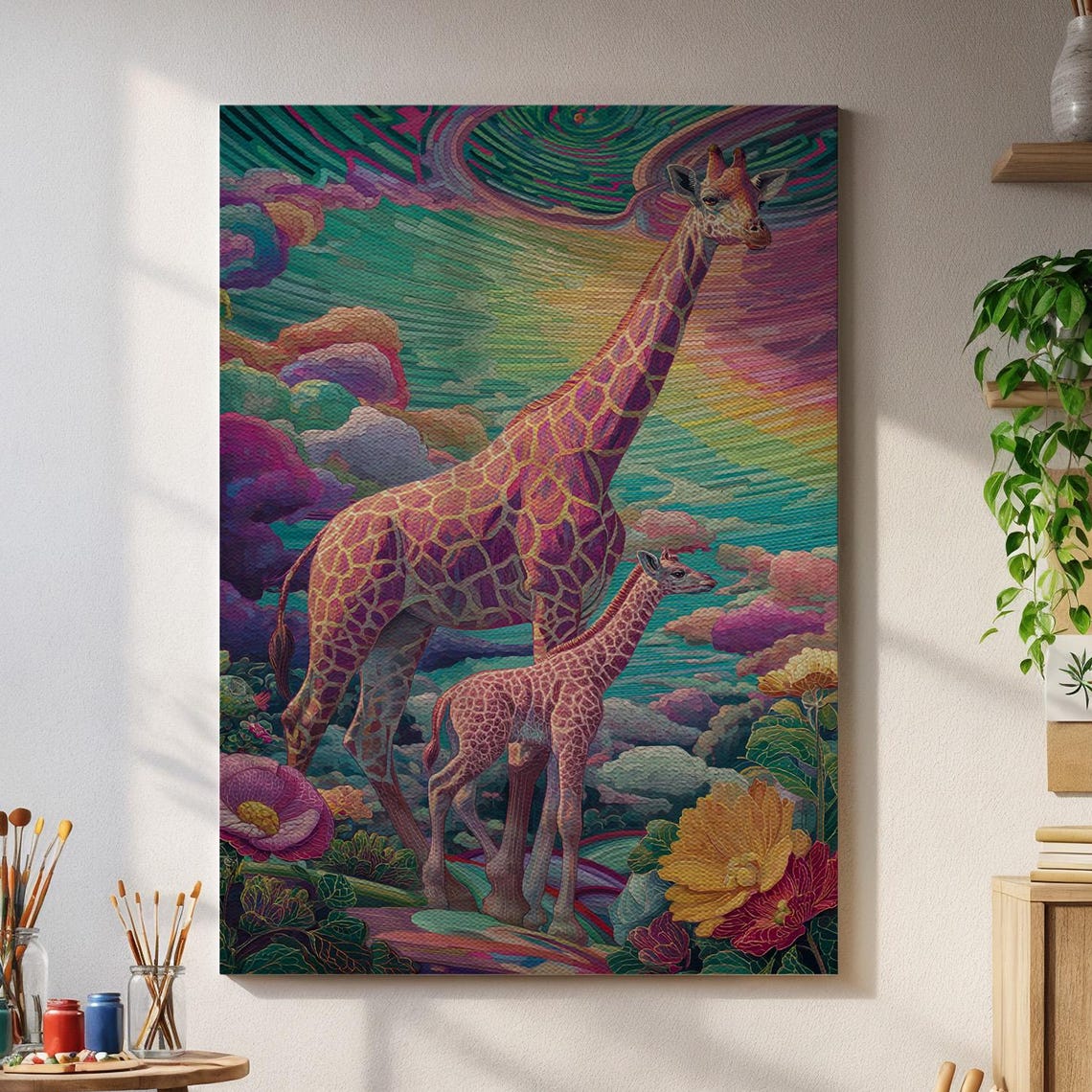 Colorful Psychedelic Giraffe Mother and Calf Trippy Jungle Poster