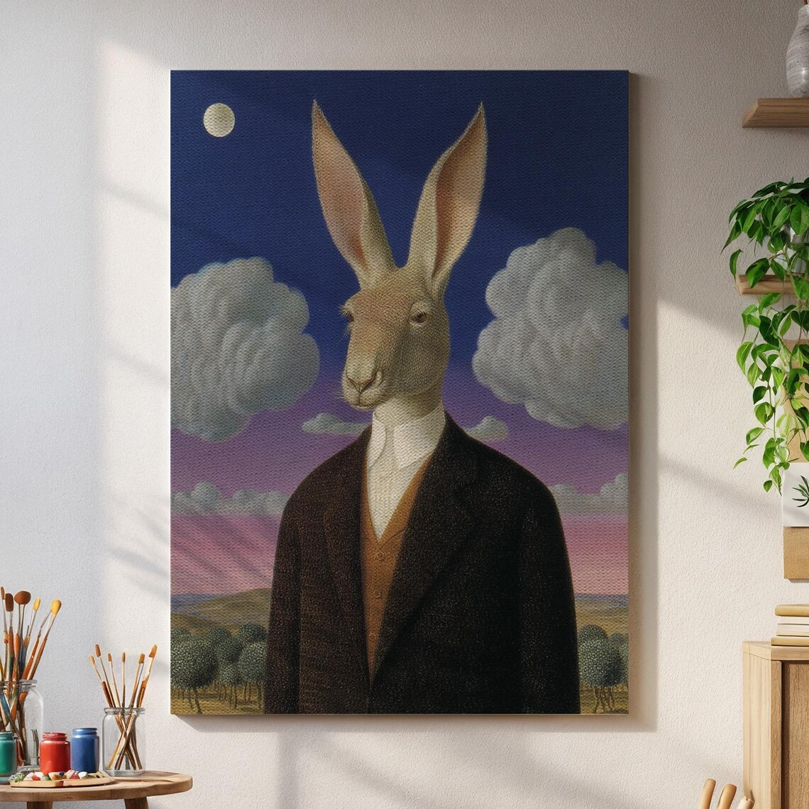 Anthropomorphic Bunny In Suit With Twilight Sky Surreal Animal Portrait Wall Art For Whimsical Home Decor And Unique