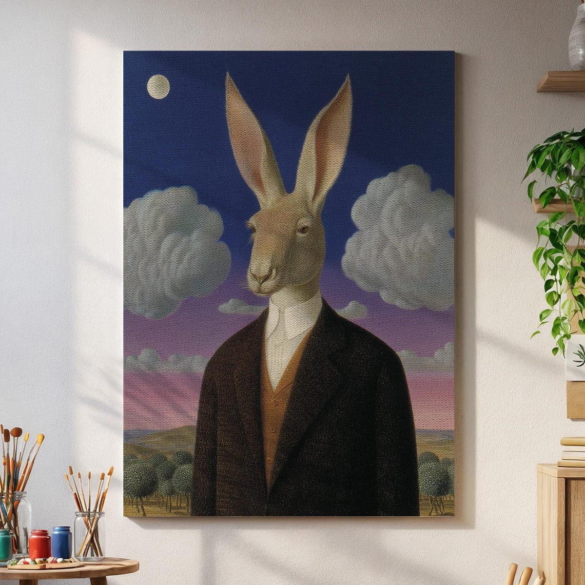 Gentleman Rabbit In Suit Surreal Moonlit Portrait Canvas Poster