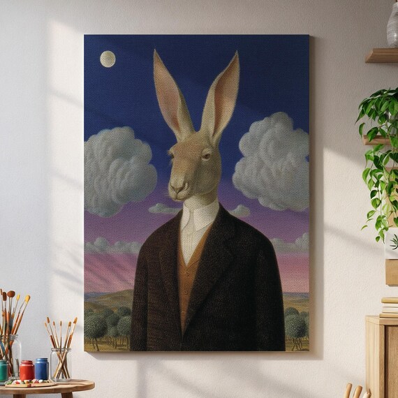 Anthropomorphic Bunny In Suit With Twilight Sky Surreal Animal Portrait Wall Art For Whimsical Home Decor And Unique