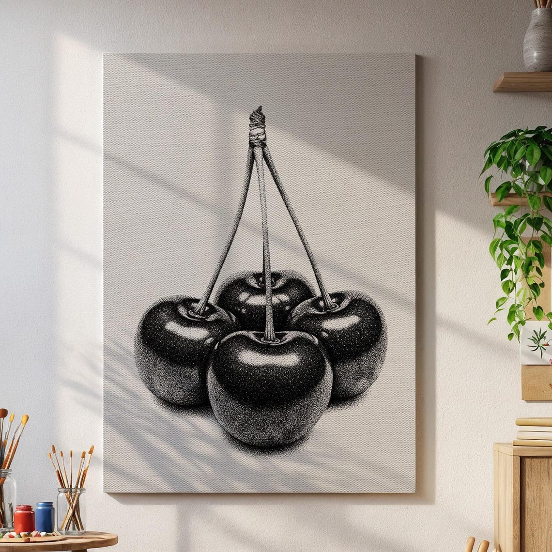 Black And White Cherry Stipple Dotwork Modern Fruit Illustration Print
