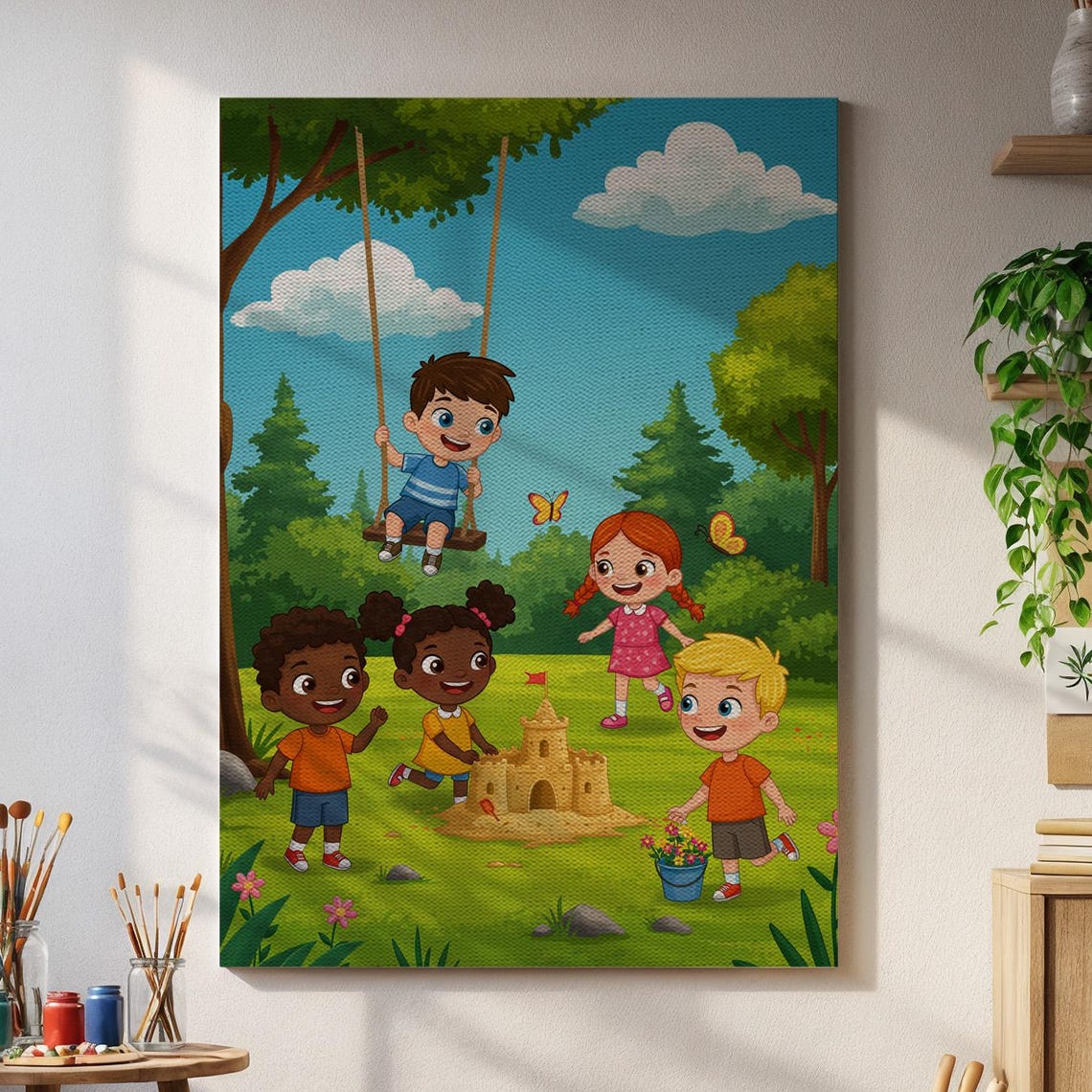 Happy Cartoon Kids Playing in a Sunny Park Playground Poster