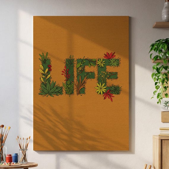 Life Word Botanical Wall Art Floral Positive Quote Poster For Nature Inspired Home Office Therapy Room Or Wellness Decor
