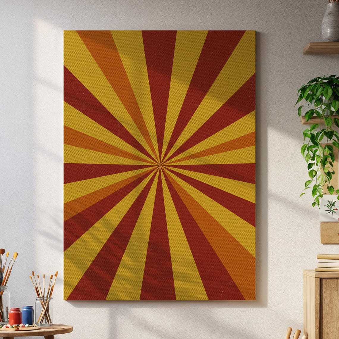 Vintage Retro Red Yellow Sunburst Rays Mid Century Canvas Poster