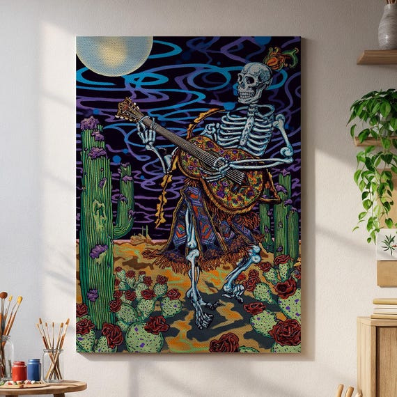 Skeleton Guitarist In Desert Night Psychedelic Day Of The Dead Poster With Cactus Moon Colorful Skirted Musician Art