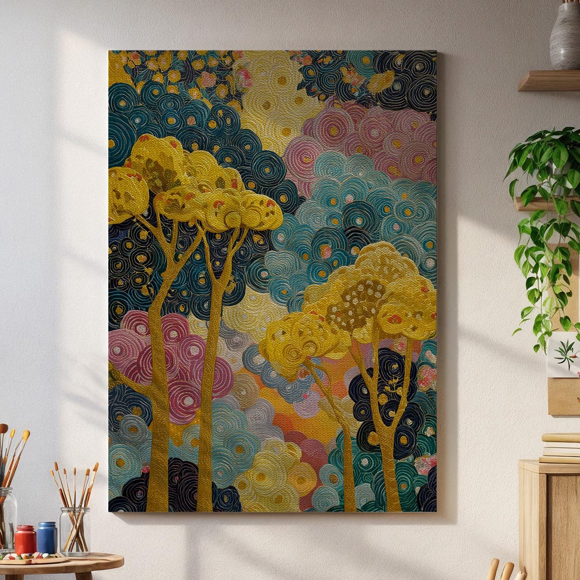 Colorful Whimsical Tree Yellow Blue Swirl Circle Pattern Art Print