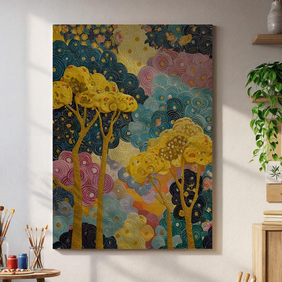 Colorful Whimsical Tree Wall Art Vibrant Yellow And Blue Trees With Swirly Sky Pattern Surreal Fantasy Landscape Print