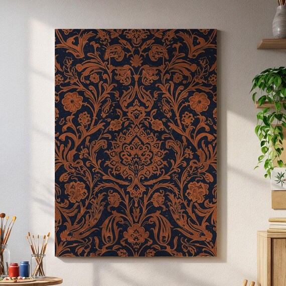 Baroque Floral Wall Art Dark Brown Ornamental Canvas Print Elegant Vintage Botanical Pattern Sophisticated Home Decor