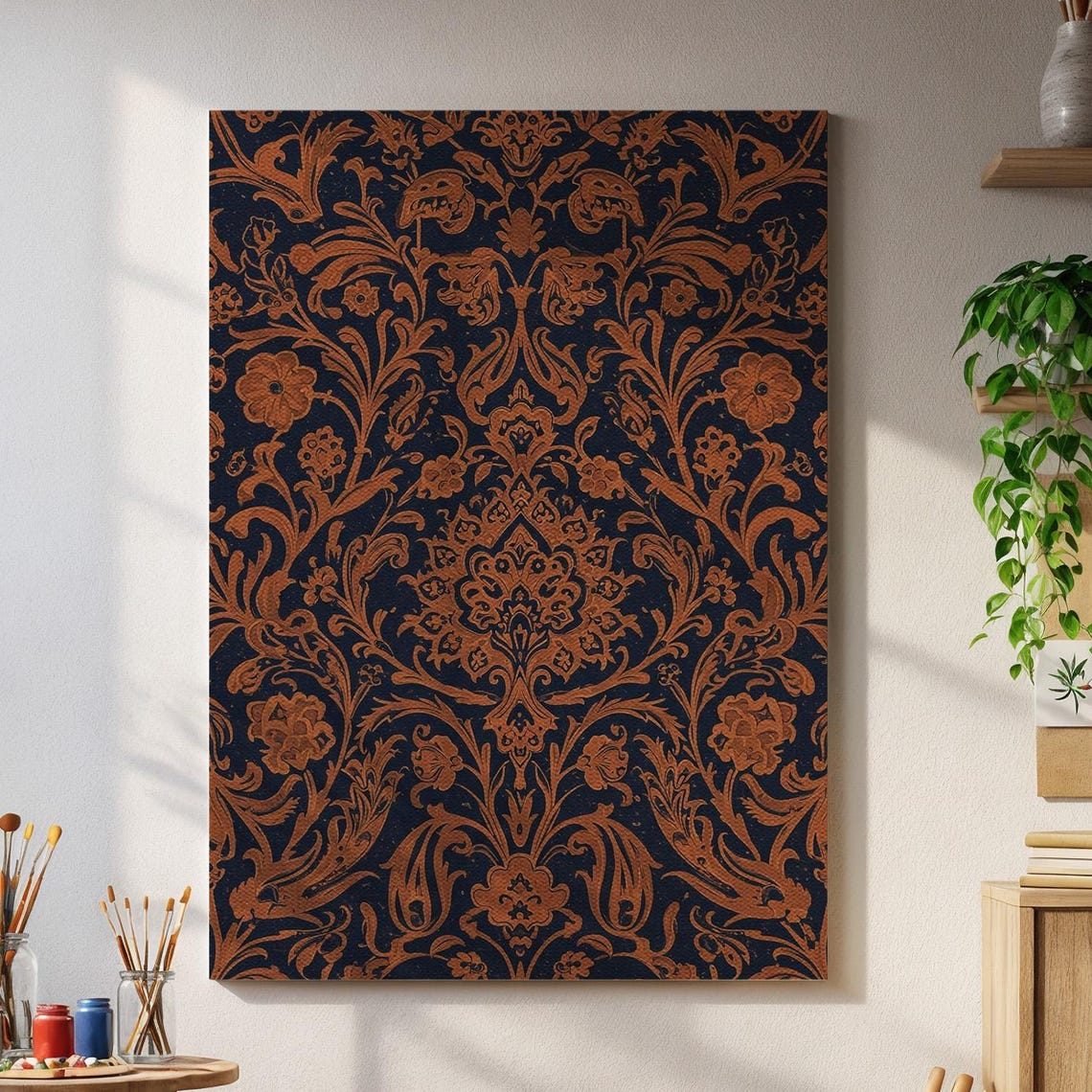 Baroque Brown Damask Floral Pattern on Navy Vintage Canvas Wall Art