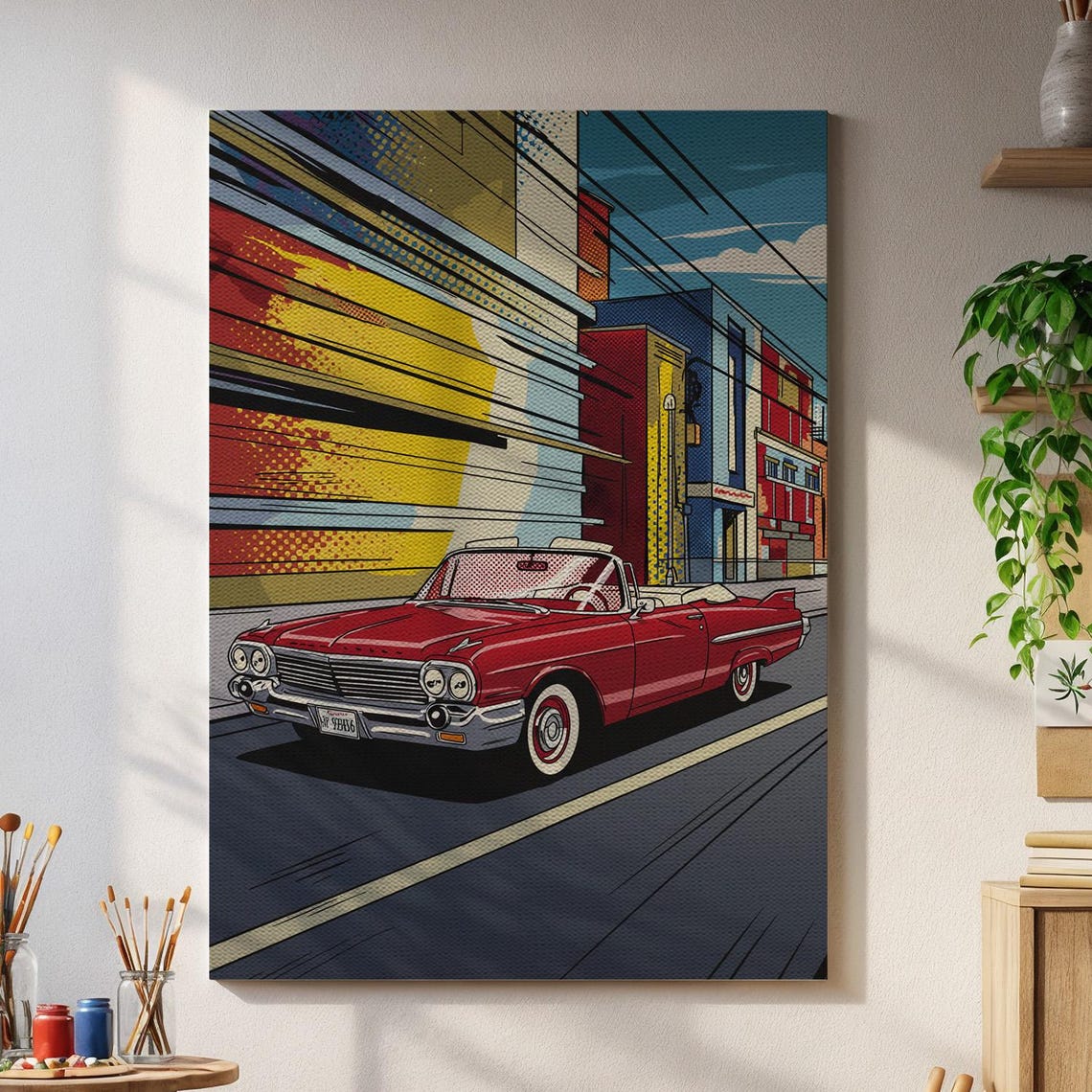 Red Classic Convertible Speeding Through Pop Art City Poster