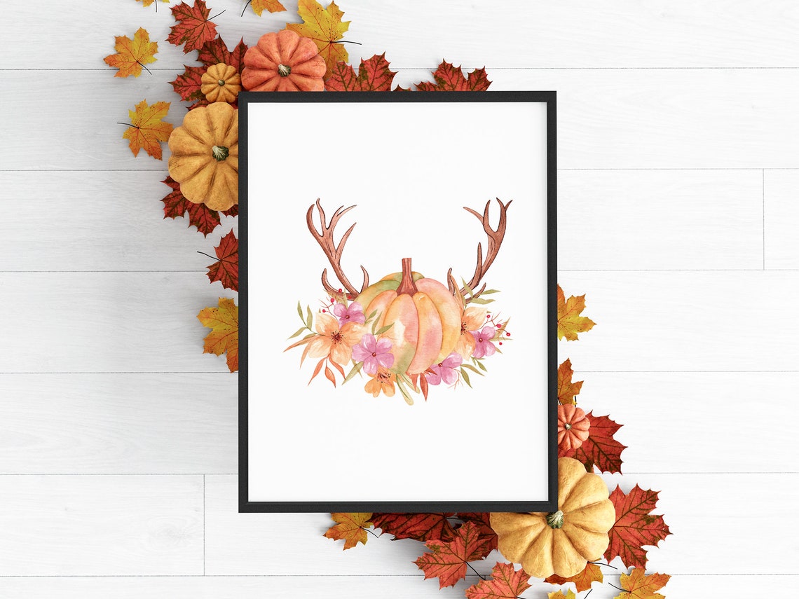 Watercolor Pumpkin with Antlers Floral Fall Harvest Wall Art Print - Image 5