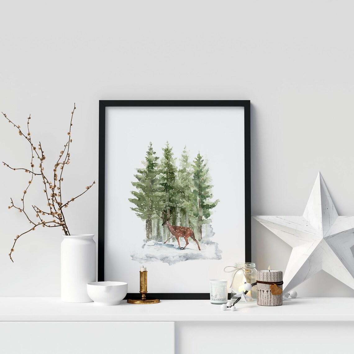 Deer in Snowy Forest Watercolor Winter Christmas Woodland Art Print - Image 3