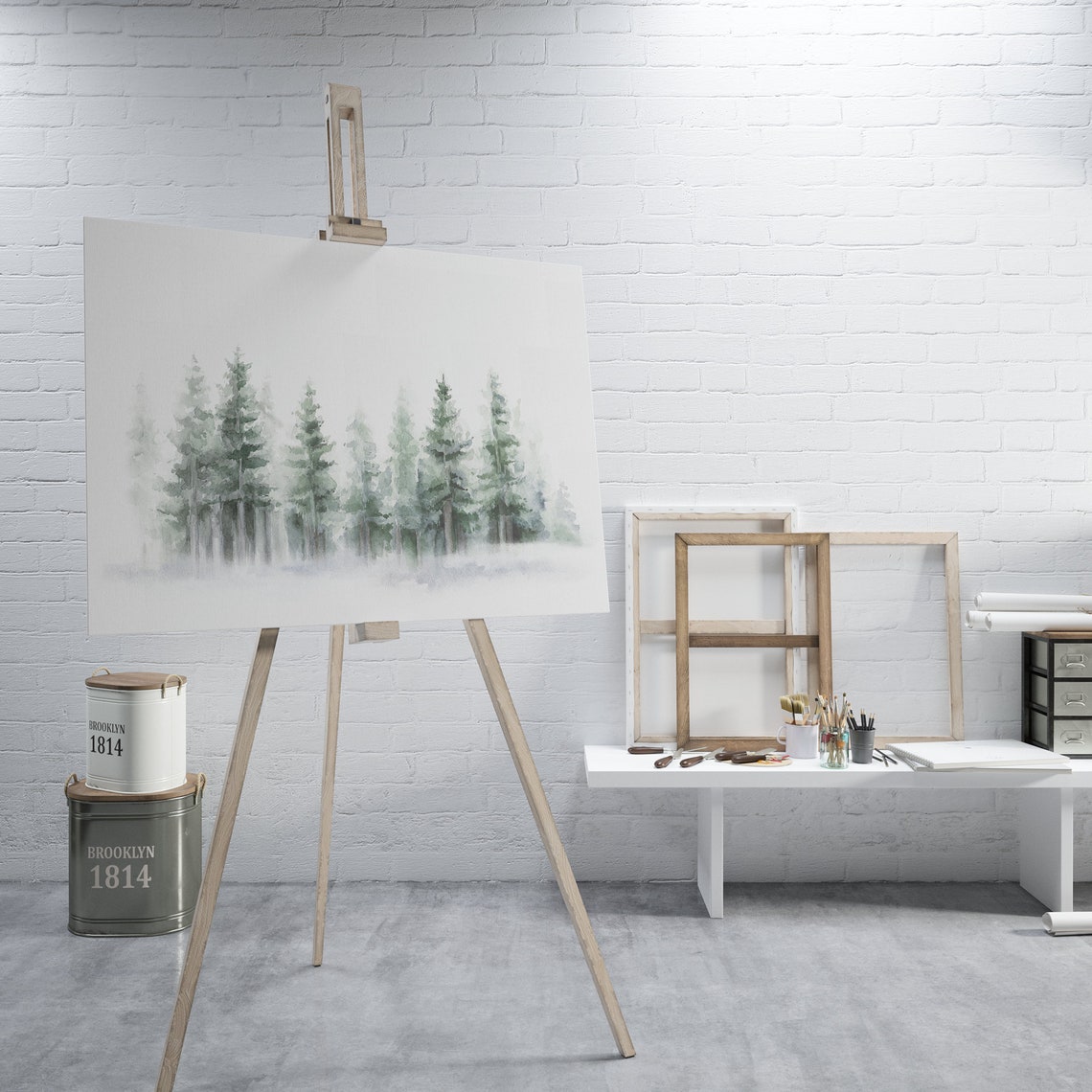 Misty Snowy Pine Forest Watercolor Winter Landscape Wall Art Print - Image 4
