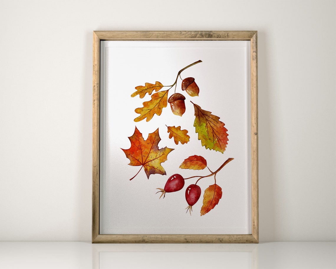 Fall Watercolor Leaves Maple Oak Rosehips Rustic Autumn Art Print - Image 4