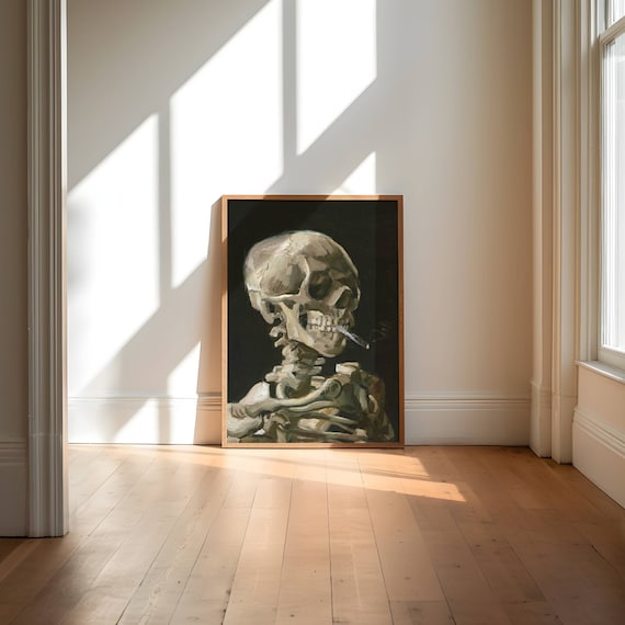 Van Gogh Skeleton Skull Smoking Cigarette Painting Classic Art Poster