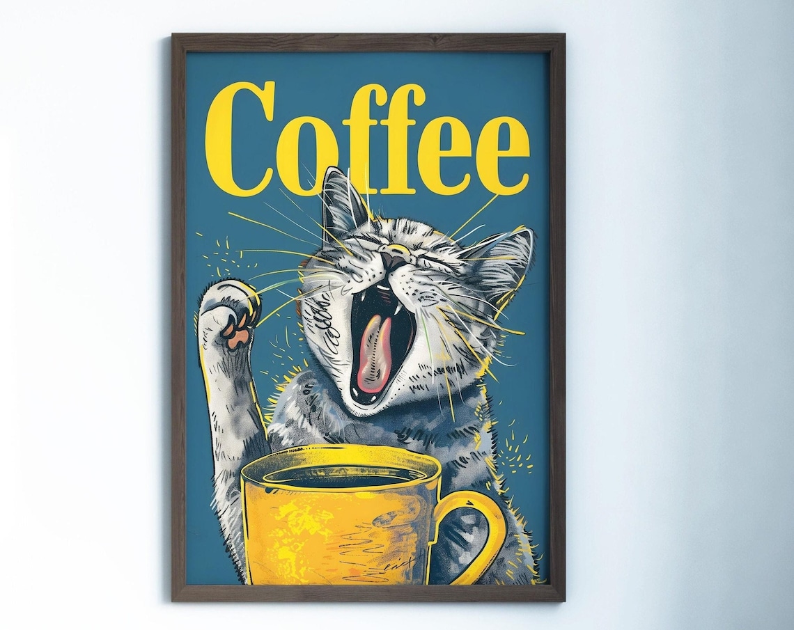 Coffee Cat Retro Drink Poster, Vintage Kitchen Decor