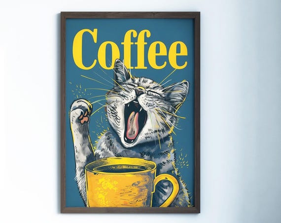 Coffee Cat Retro Drink Poster, Vintage Kitchen Decor