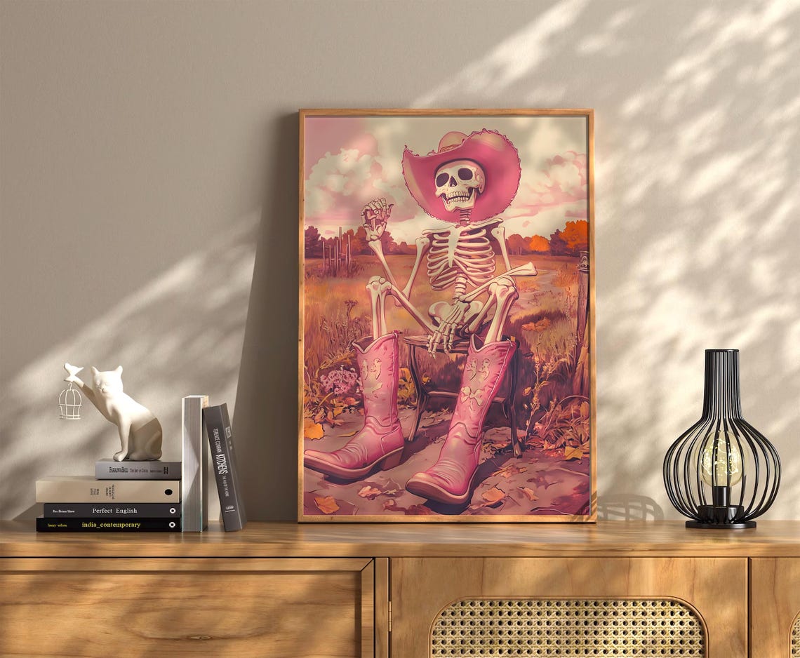 Pink Cowboy Skeleton Boots Hat Sunset Western Halloween Poster