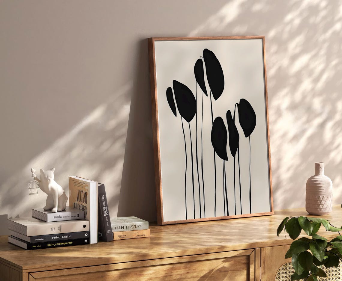 Black Leaf Silhouette Botanical Minimalist Beige Wall Poster - Image 2