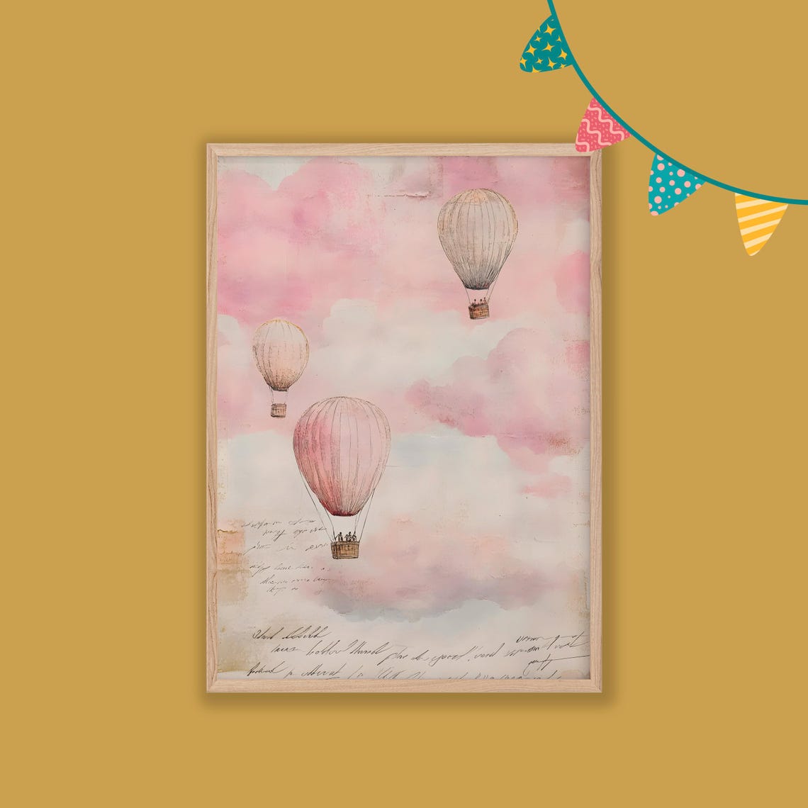 Pink Hot Air Balloons Pastel Clouds Vintage Script Nursery Poster