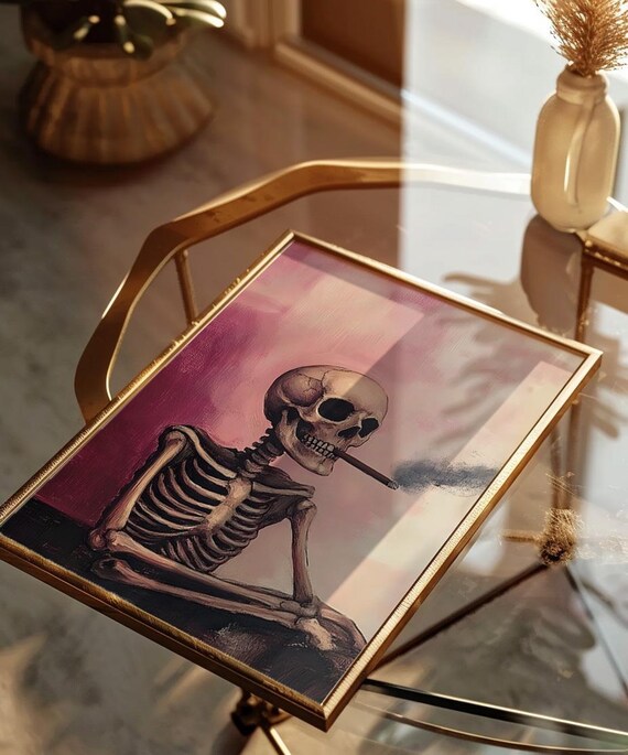 Smoking Skeleton Pink Moody Dark Academia Halloween Art Print