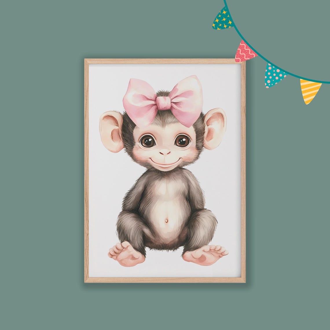 Cute Baby Monkey Pink Bow Watercolor Nursery Art Decor Poster