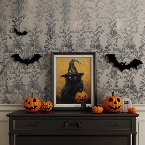 Black Cat In Witch Hat With Pumpkin Vintage Halloween Poster