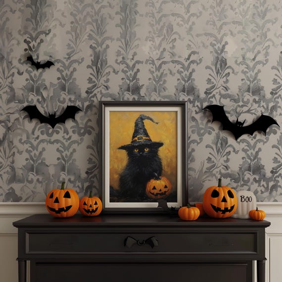 Halloween Cat Vintage Wall Art Dark Academia Decoration Print Retro Decor Trendy Apartment Moody Poster Instant