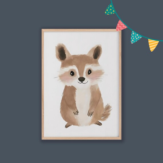 Cute Raccoon Watercolor Portrait Woodland Nursery Baby Room Poster