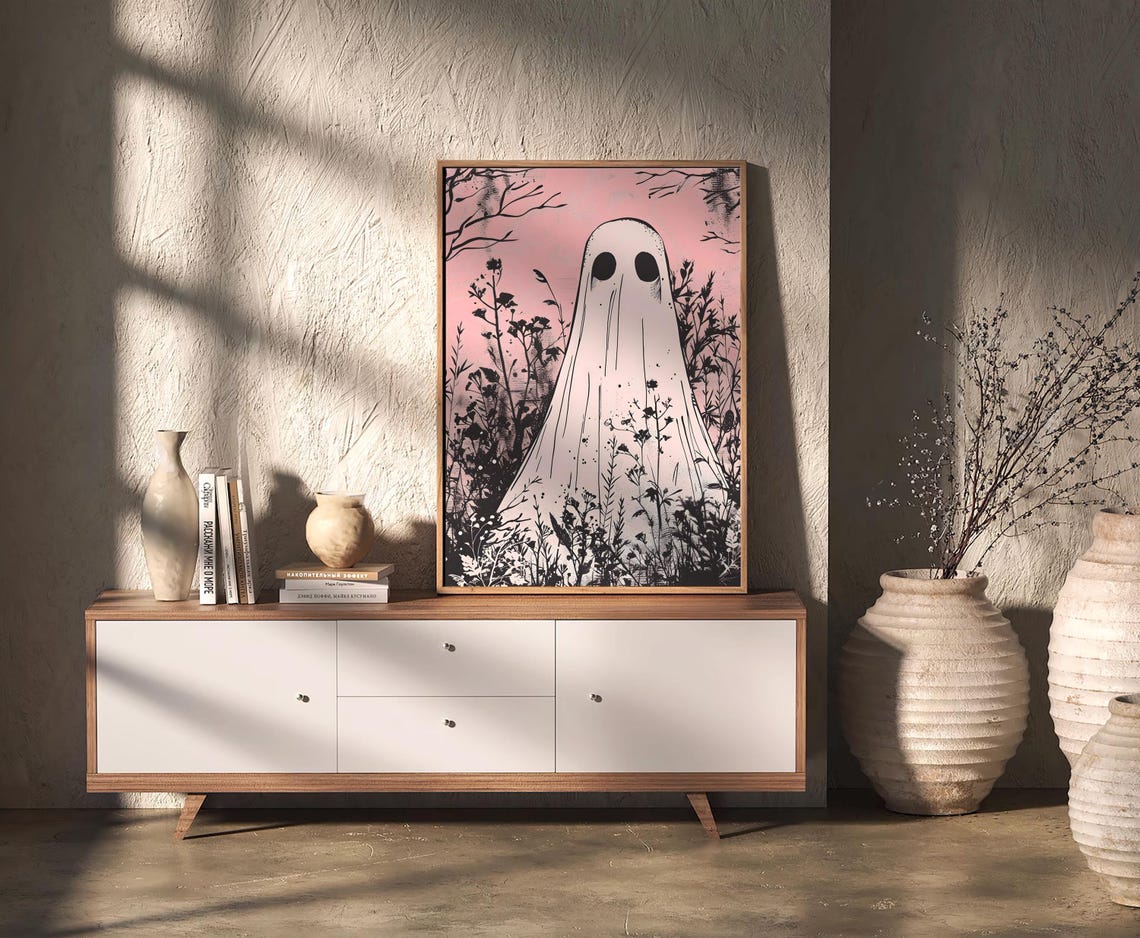 Cute Pink Ghost Among Black Wildflowers Vintage Halloween Poster - Image 3