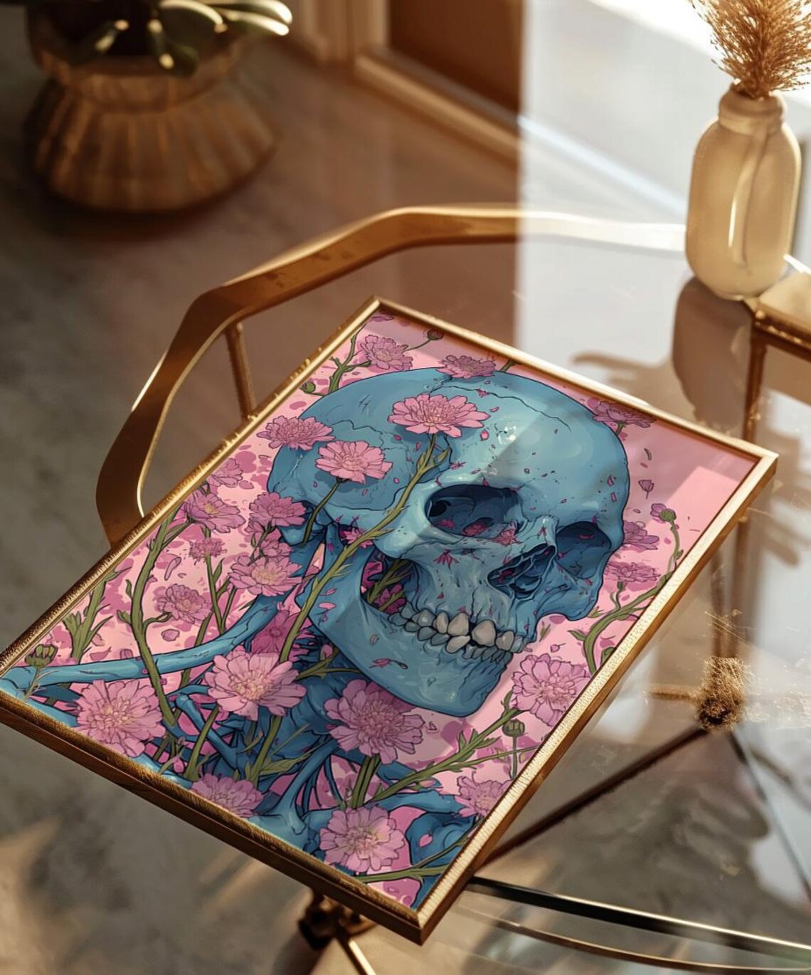 Blue Skull Pink Wildflowers Tattoo Style Bold Floral Art Poster - Image 4