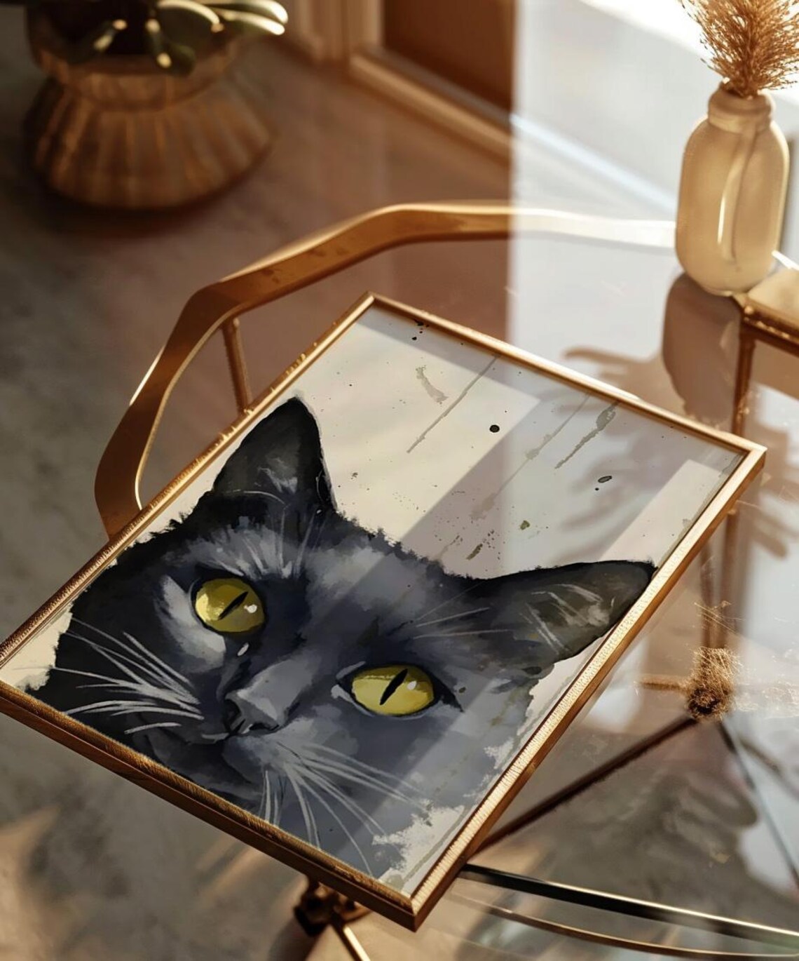 Black Cat Portrait Yellow Eyes Vintage Halloween Moody Art Poster - Image 3
