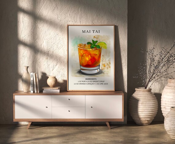 Mai Tai Watercolor Cocktail Recipe Retro Bar Art Print Kitchen Decor