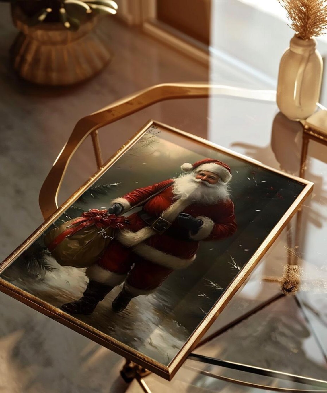 Vintage Santa Claus Carrying Gift Sack in Snow Christmas Poster - Image 2