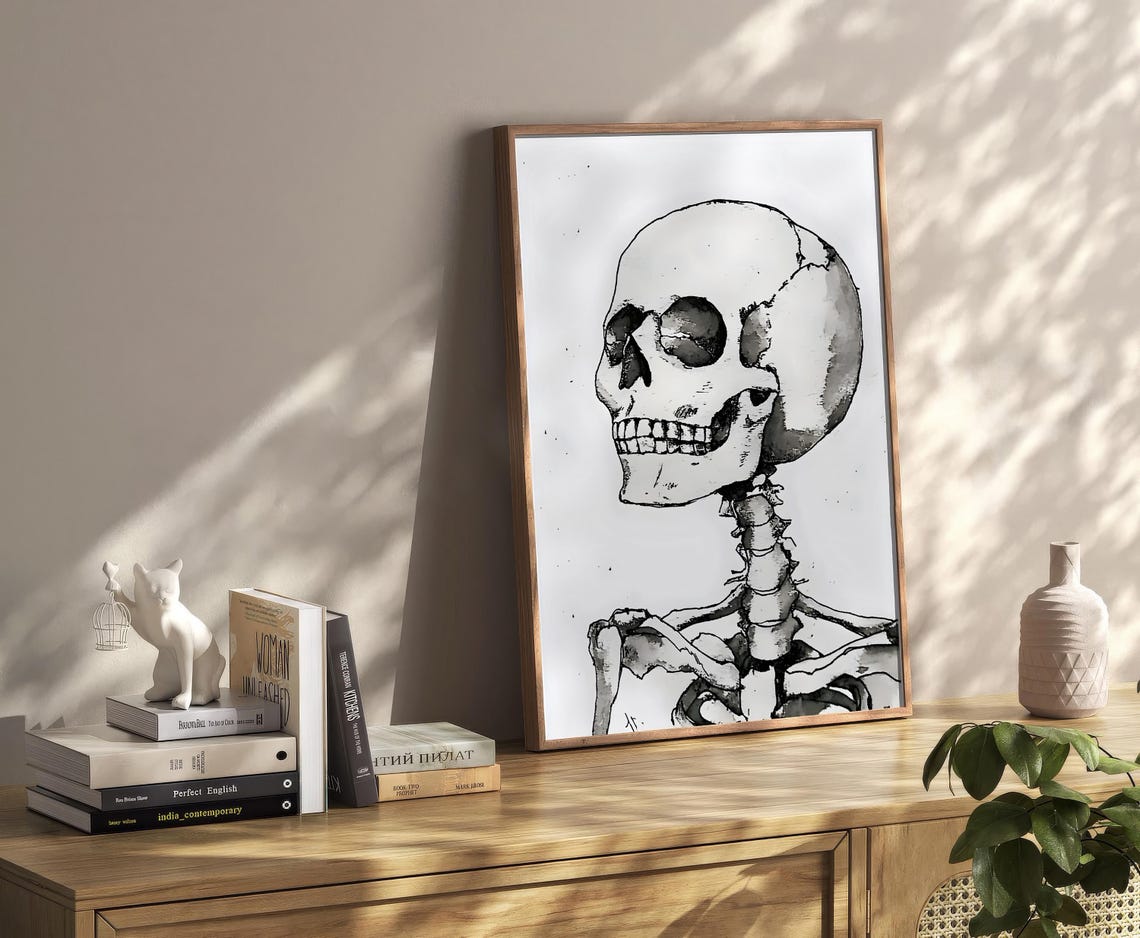 Black Ink Skeleton Skull Drawing Anatomical Halloween Art Poster