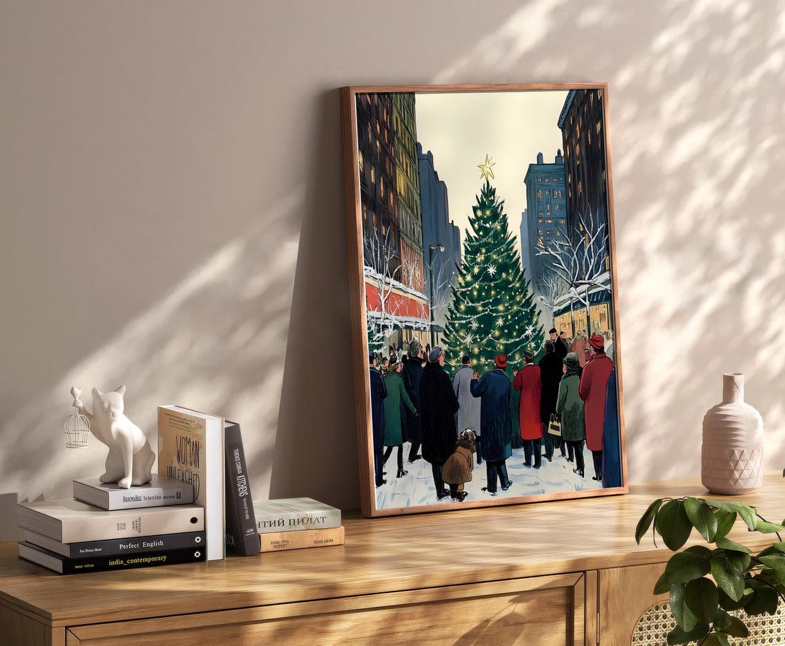 Vintage City Christmas Tree Lighting Snowy Street Crowd Poster - Image 2