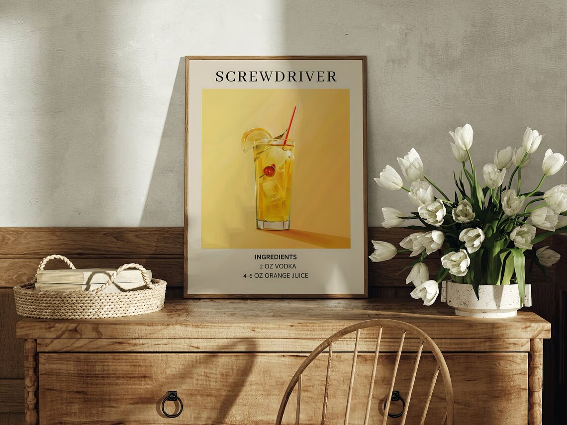 Screwdriver Cocktail Recipe Poster Minimal Yellow Drink Art Kitchen Decor - Image 3