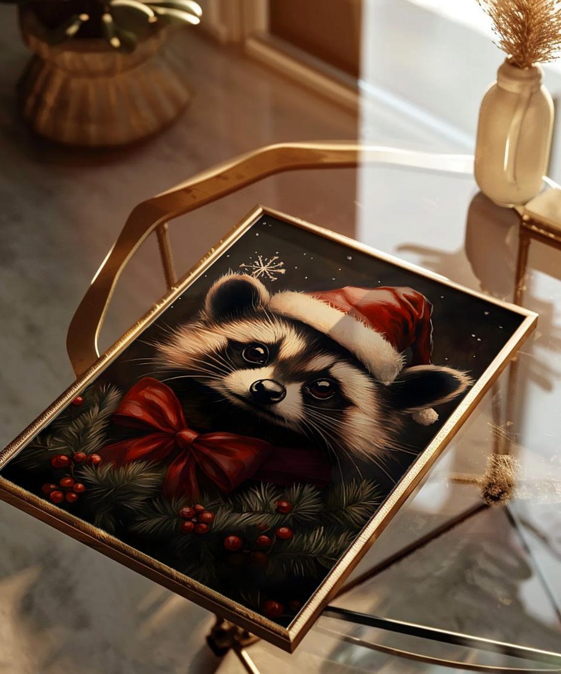 Christmas Raccoon Wearing Santa Hat Red Bow Holiday Animal Poster - Image 2