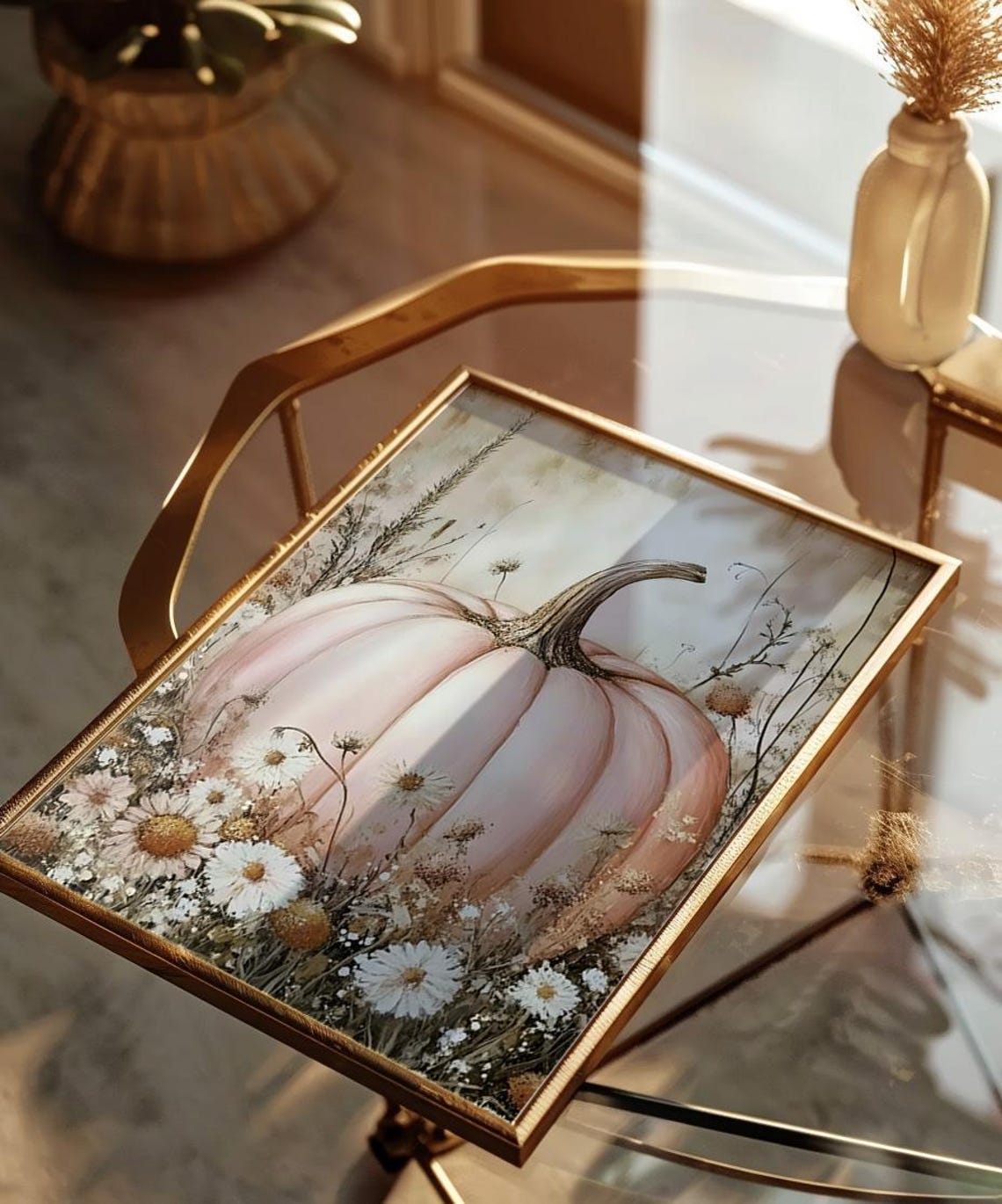Blush Pink Pumpkin With White Daisies Soft Fall Floral Poster - Image 4