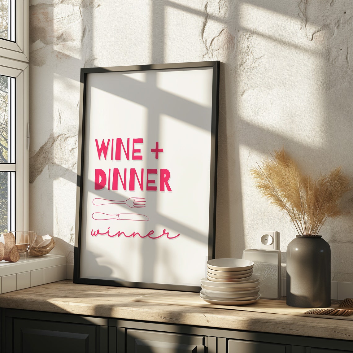 Wine And Dinner Winner Pink Typography Bar Cart Kitchen Decor Poster