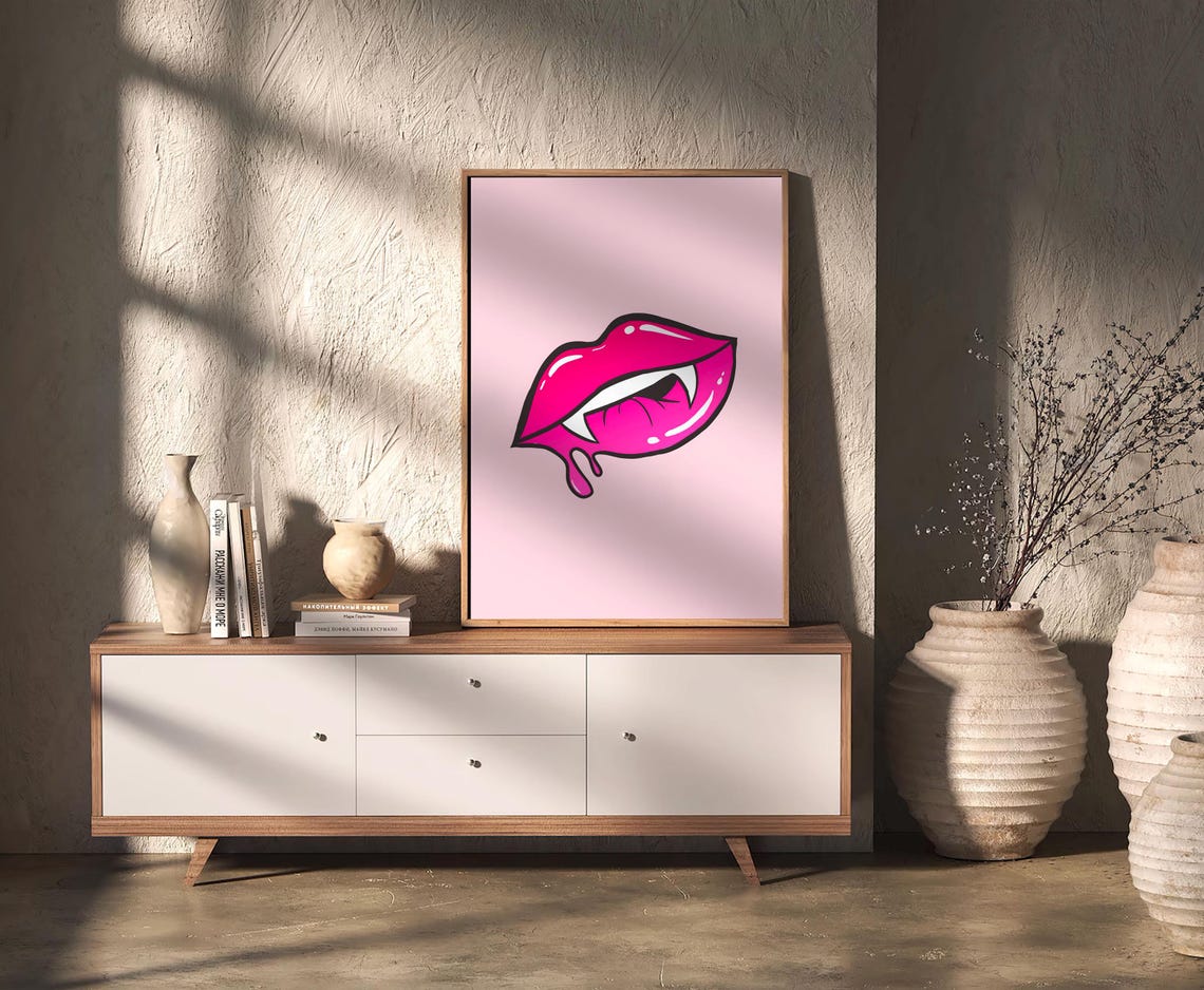 Vampire Lips Hot Pink Fangs Cute Pop Art Halloween Spooky Poster - Image 2