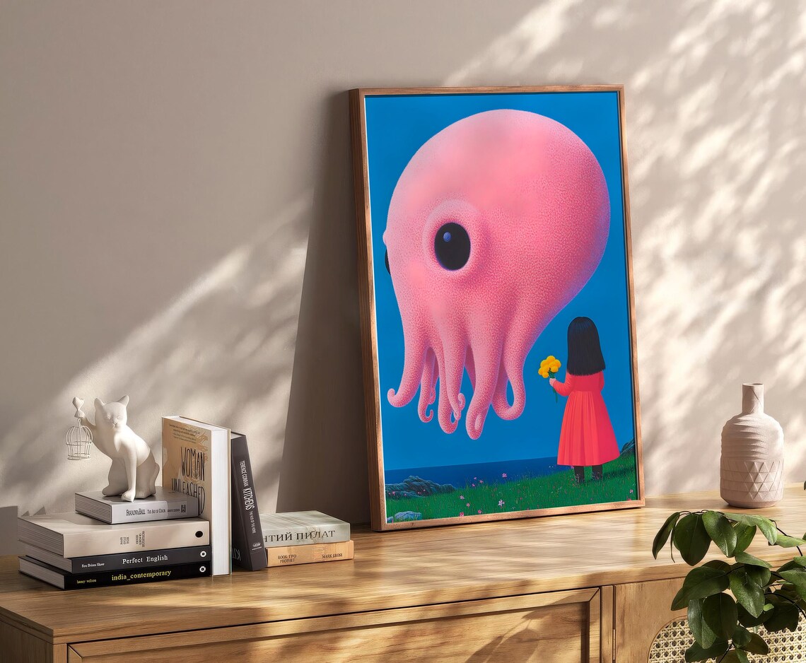 Whimsical Giant Pink Octopus Girl With Yellow Flowers Seaside Poster - Image 2