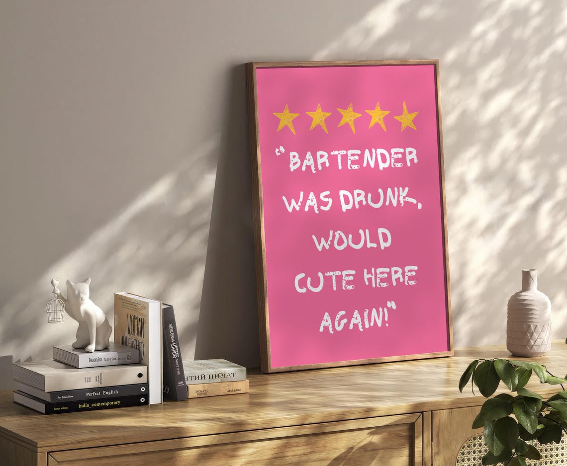 Hot Pink Bartender Was Drunk Five Star Funny Bar Sign Poster - Image 2